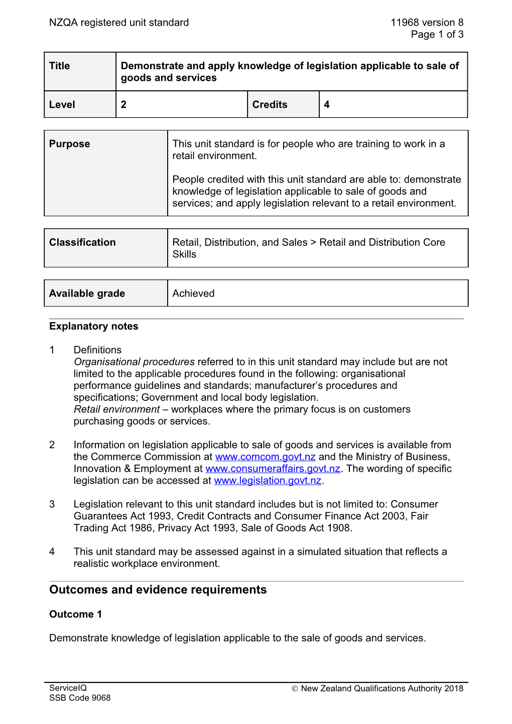 11968 Demonstrate and Apply Knowledge of Legislation Applicable to Sale of Goods and Services