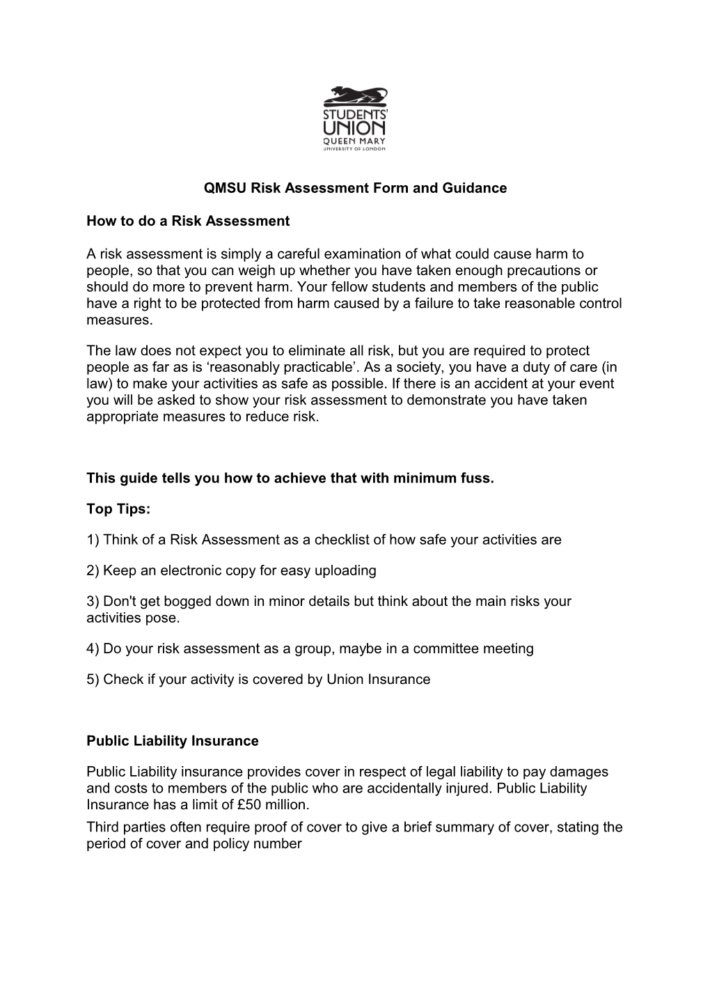 QMSU Risk Assessment Form and Guidance