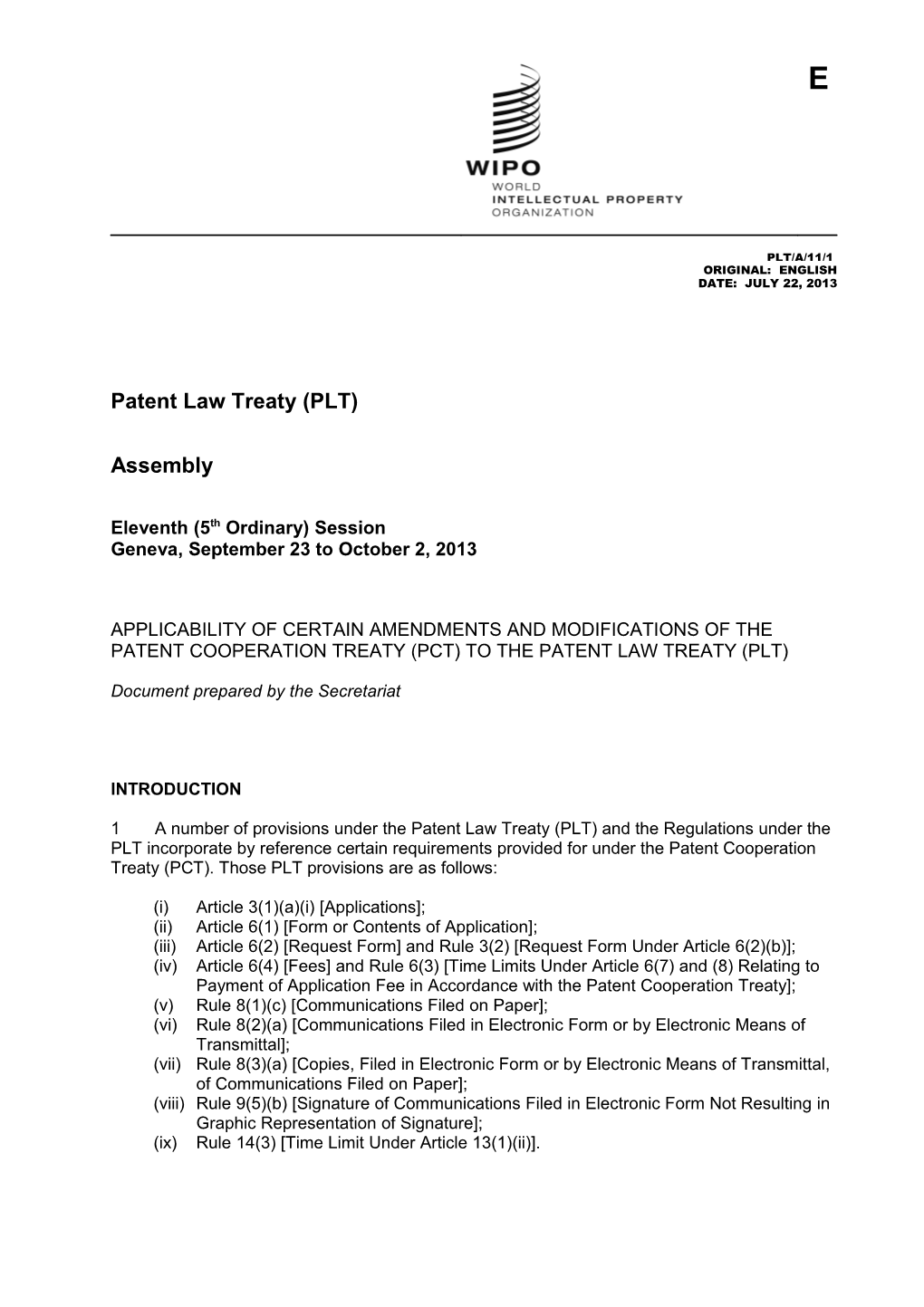 Patent Law Treaty (PLT)