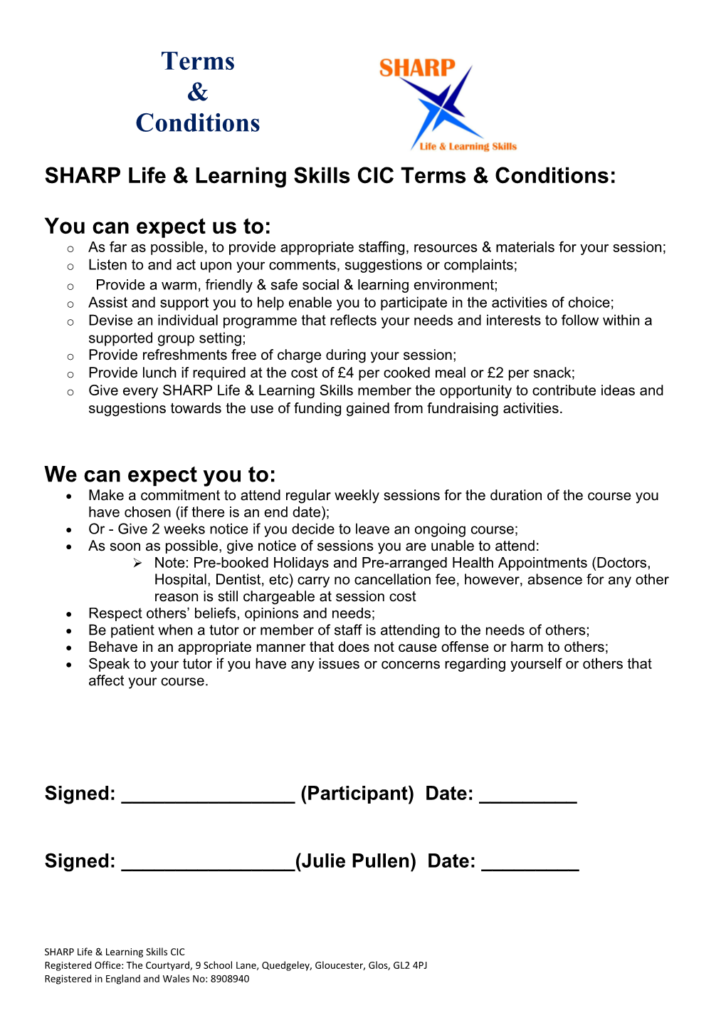 SHARP Life & Learning Skills CIC Terms & Conditions