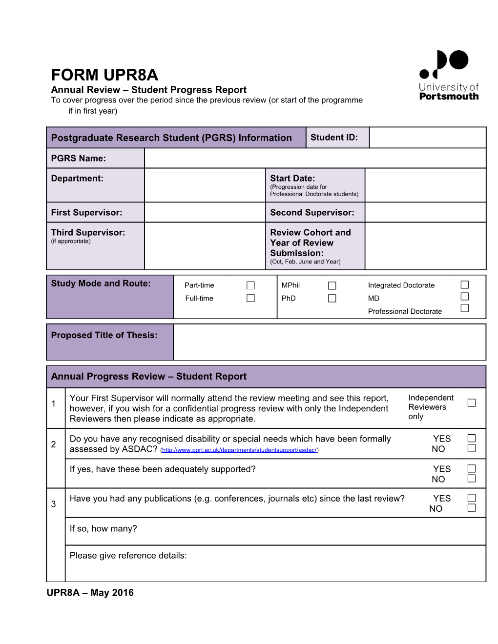 Annual Review Student Progress Report