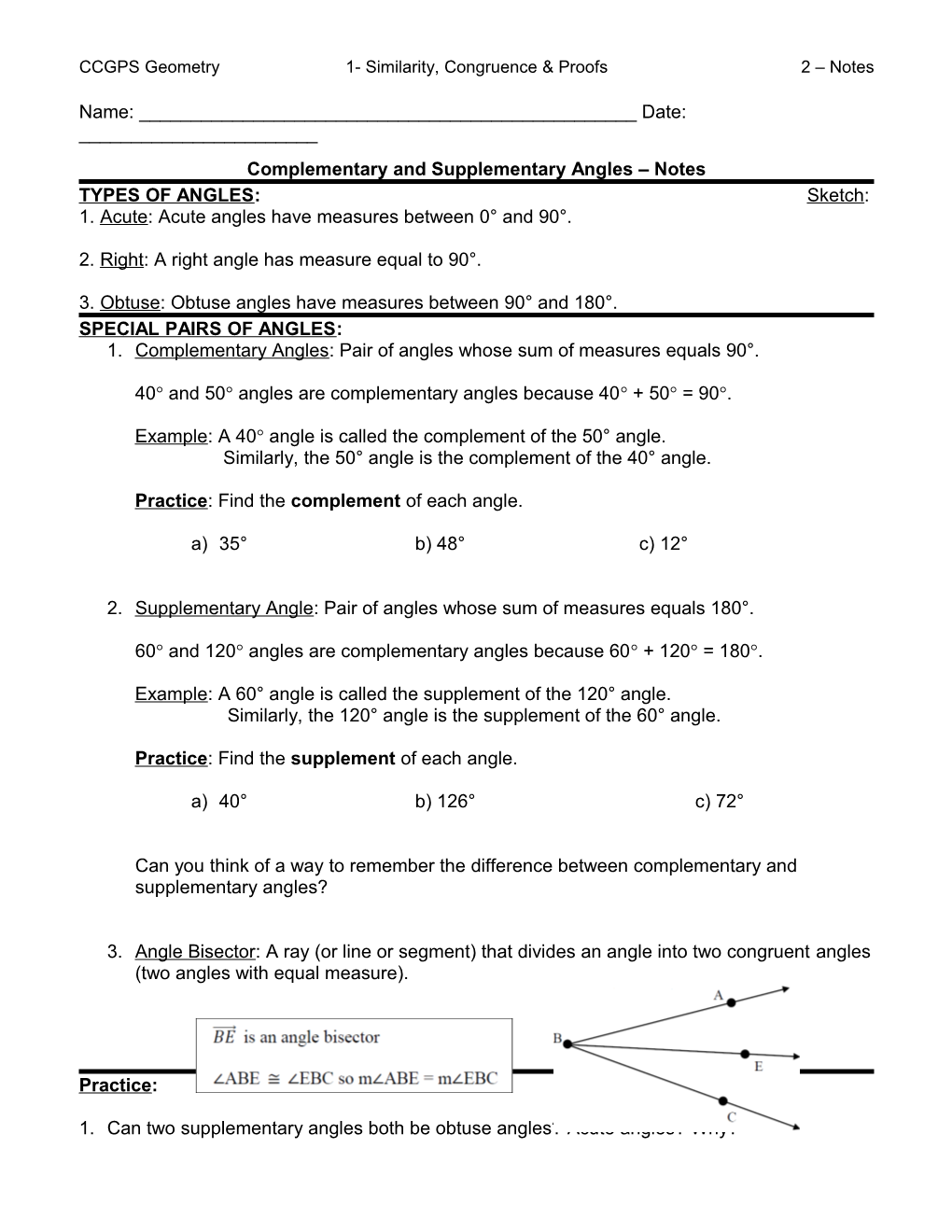 Complementary and Supplementary Angles Notes