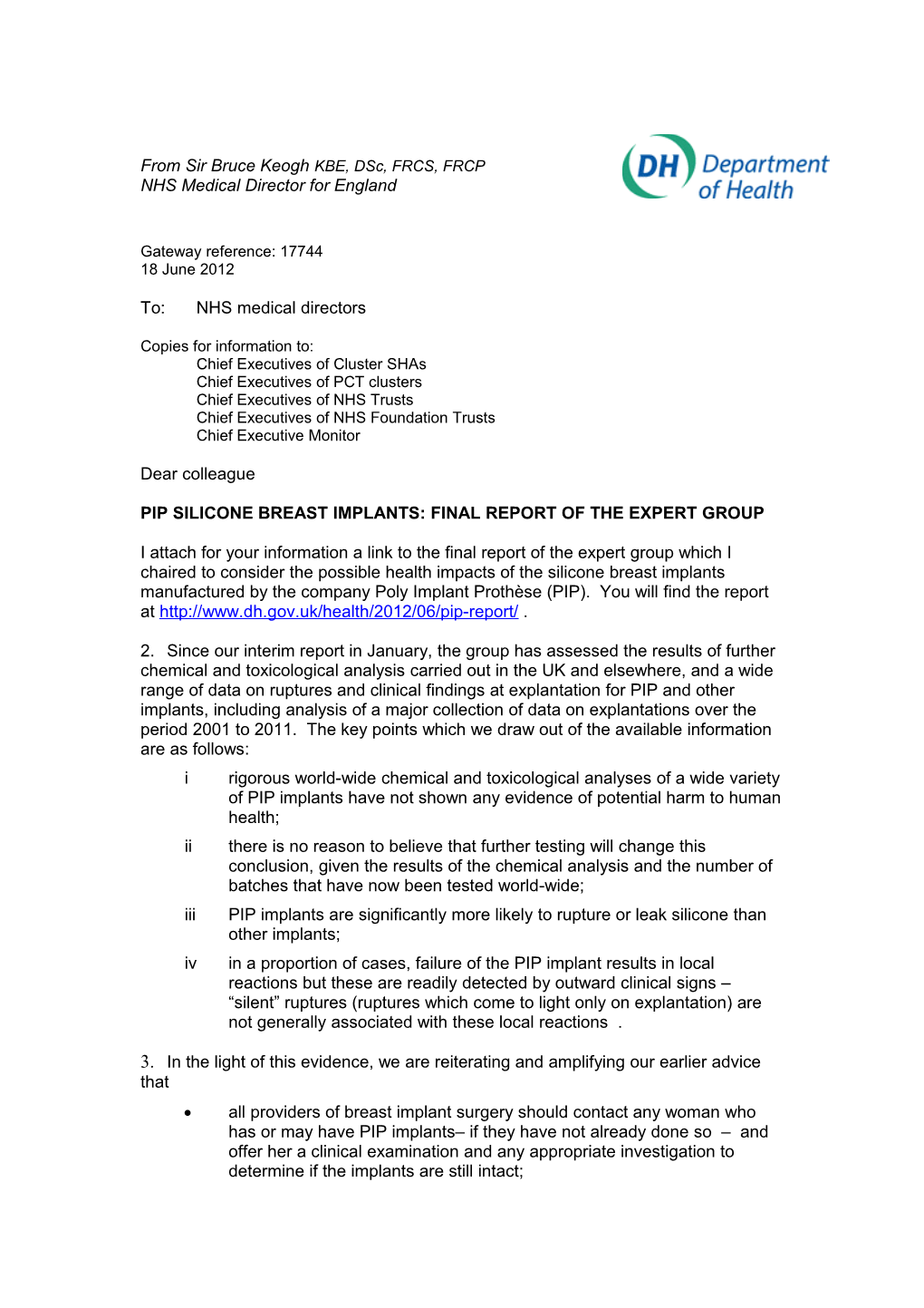 Draft Letter from Bruce Keogh to Nhs Medical Directors
