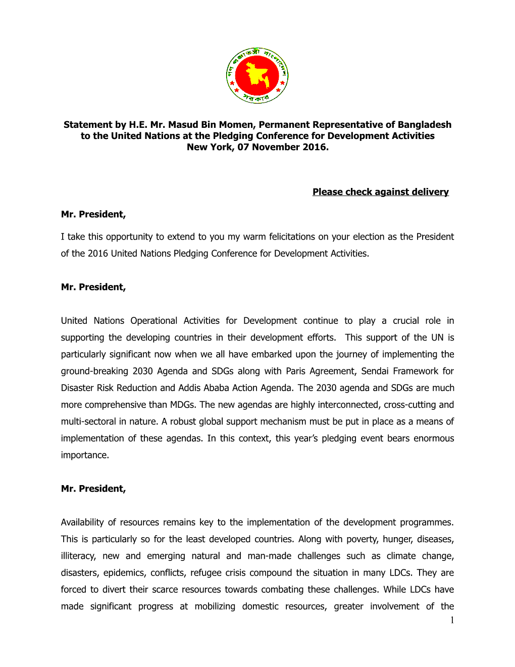 Statement by H.E. Mr. Masud Bin Momen, Permanent Representative of Bangladesh to the United