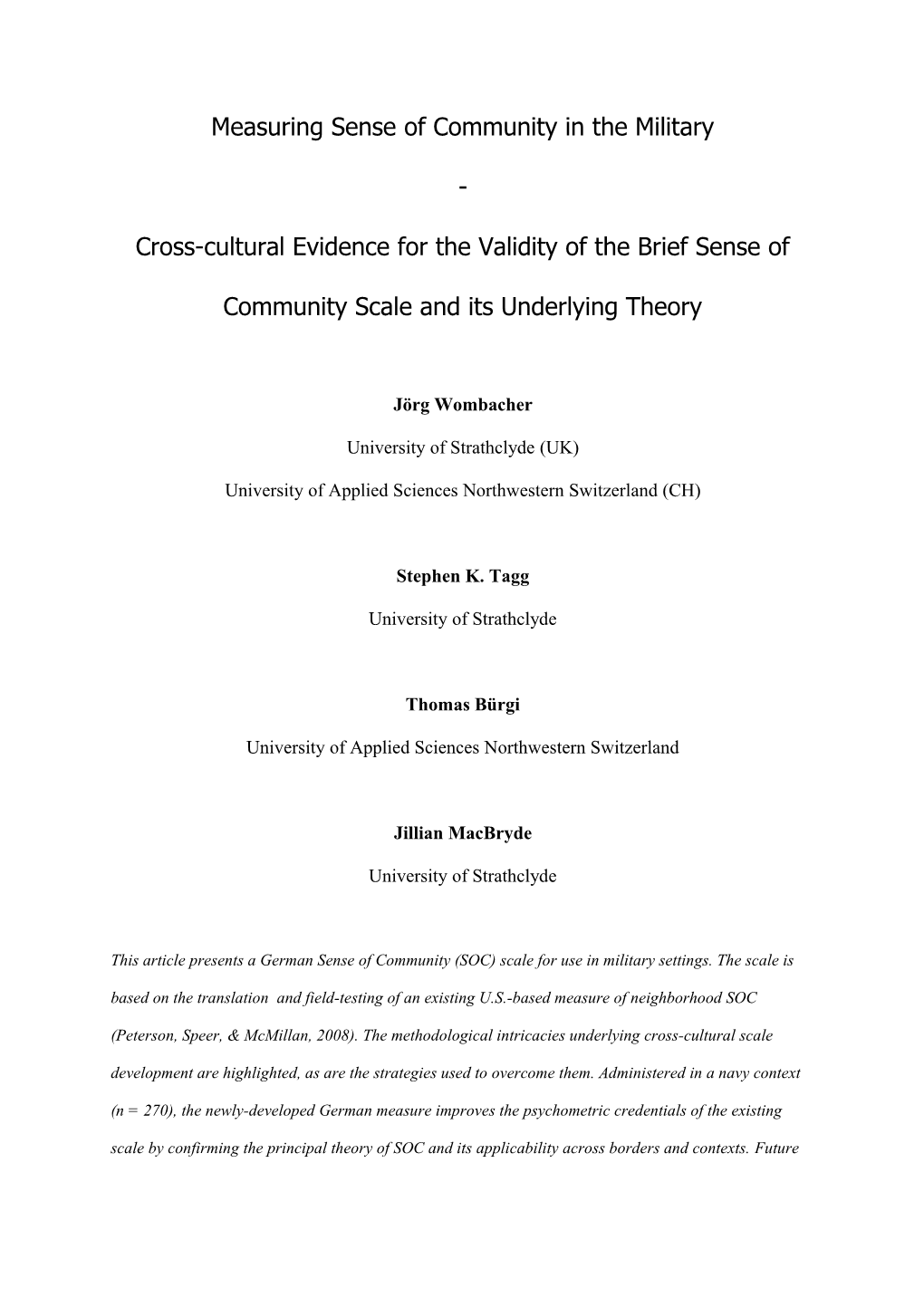 Cross-Cultural Evidence for the Validity of the Brief Sense of Community Scale