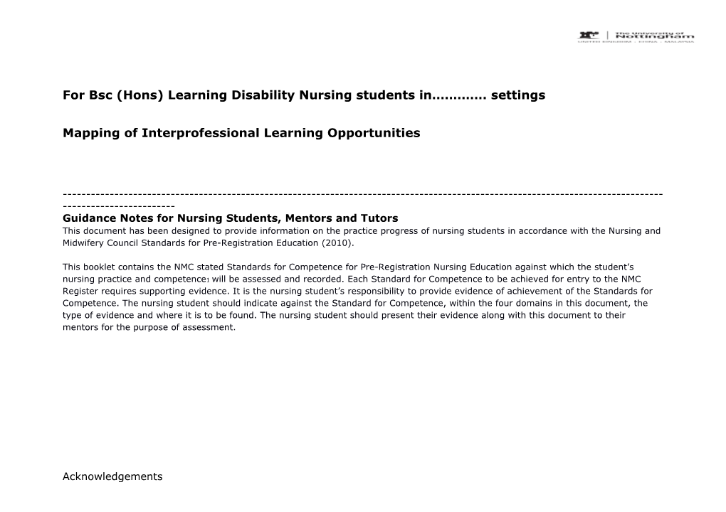 For Bsc (Hons) Learning Disability Nursing Students in . Settings