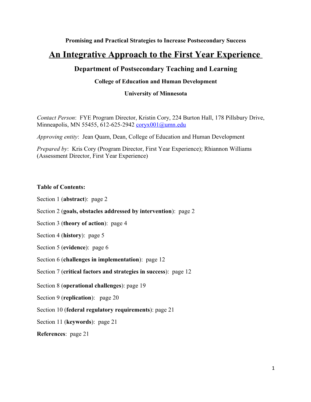 An Integrative Approach to the First Year Experience (MS Word)