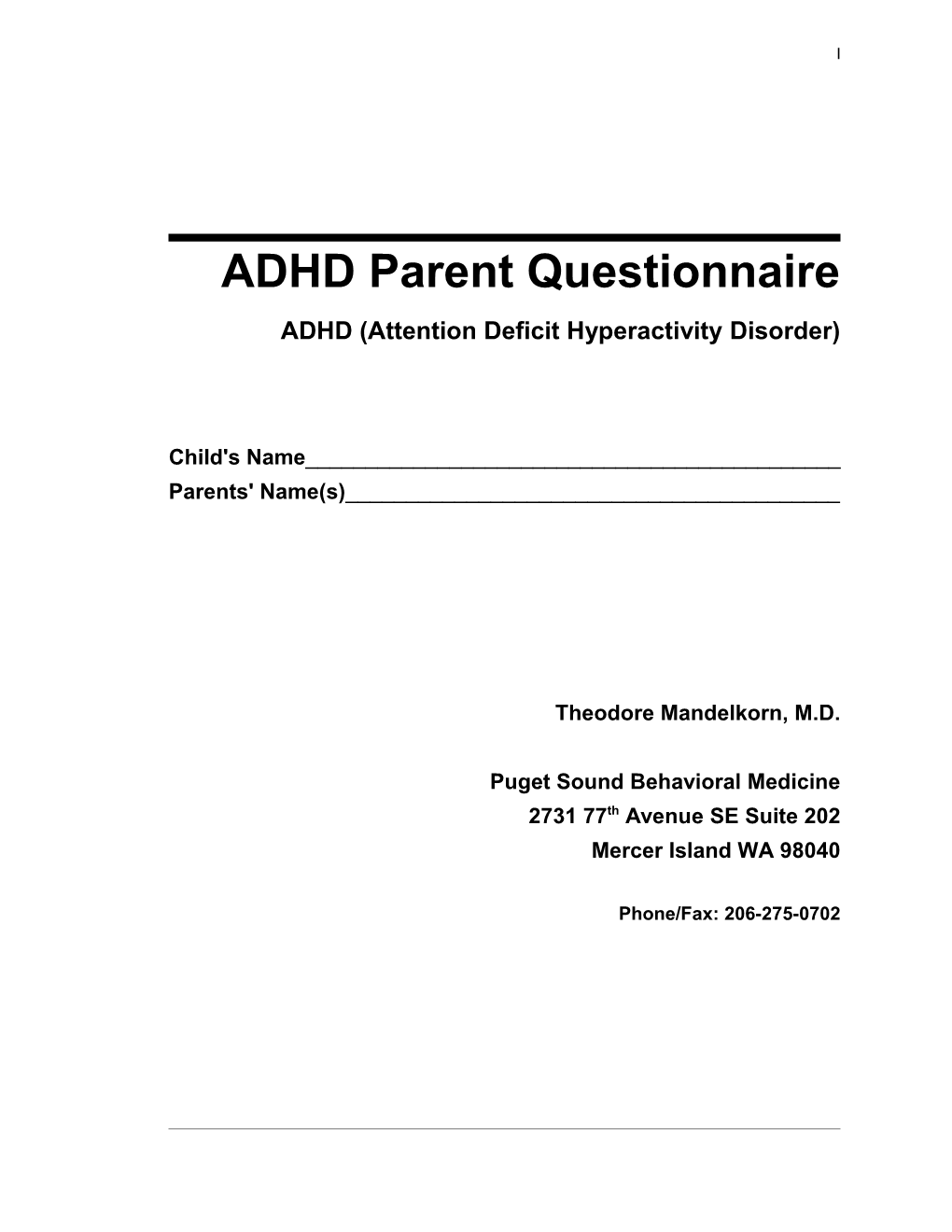 7Th Draft of the ADHD Parent Questionaire