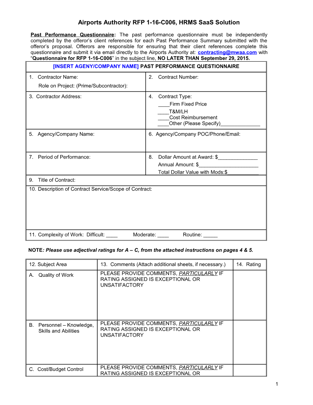 Past Performance Questionnaire