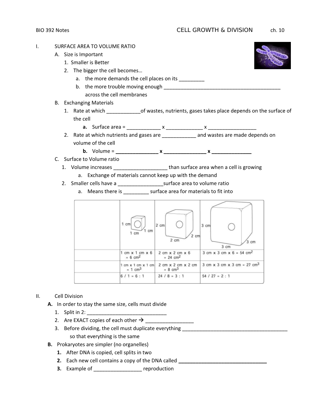 BIO 392 Notes CELL GROWTH & DIVISION Ch. 10
