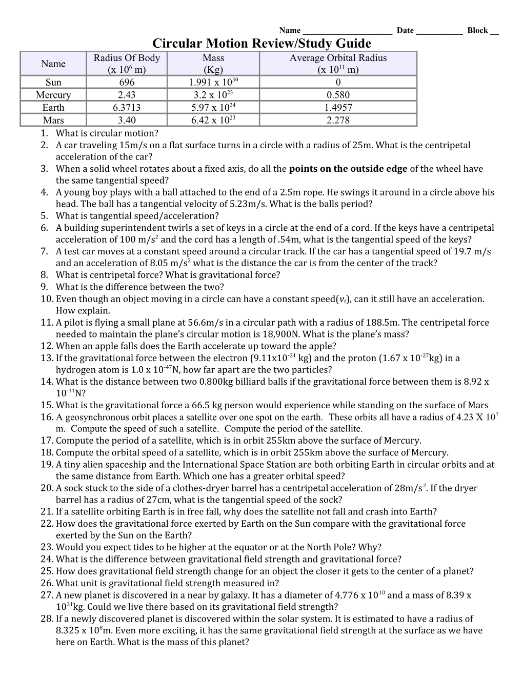 Circular Motion Review/Study Guide