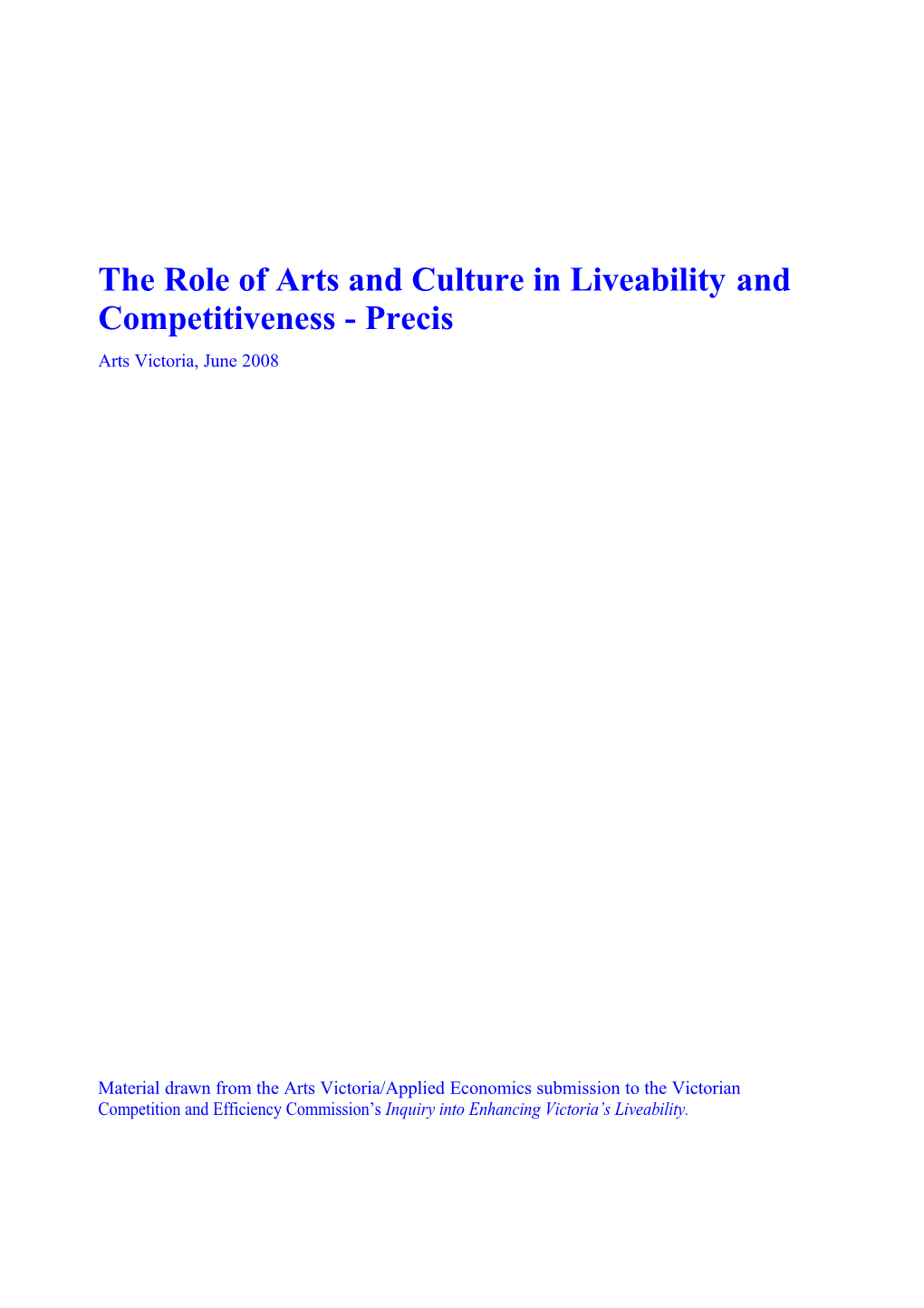 The Role of Arts and Culture in Liveability and Competitiveness