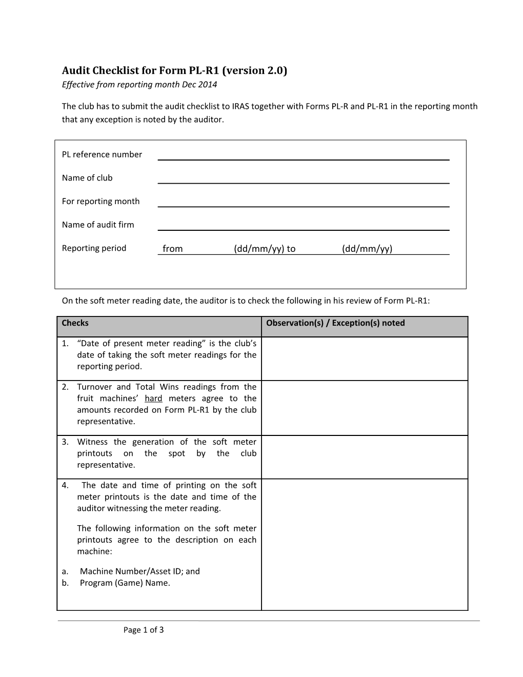 Audit Checklist for Form PL-R1 (Version 2.0)