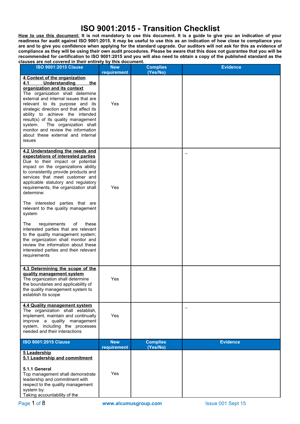 ISO 9001:2015 - Transition Checklist