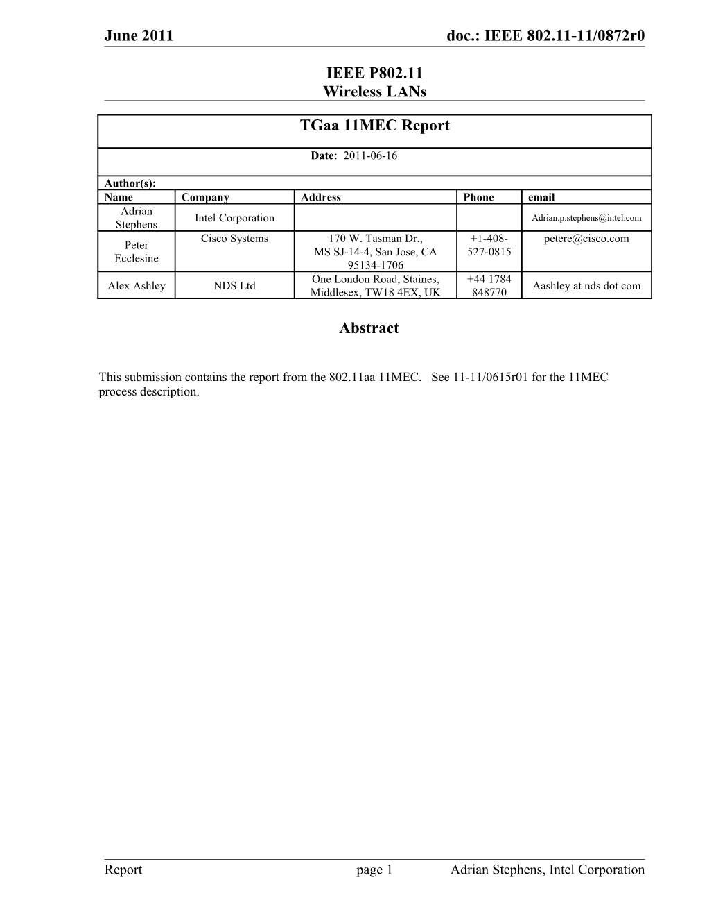 Draft P802.11Aa D5 Was Submitted for 11MEC by the 802.11Aa Technical Editor, Alex Ashley