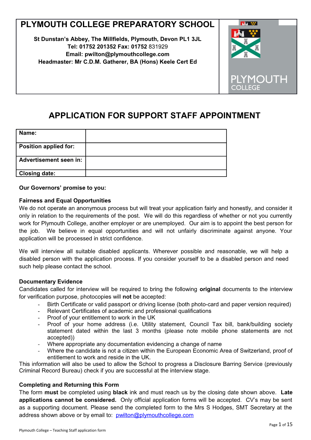 Application for Support Staff Appointment