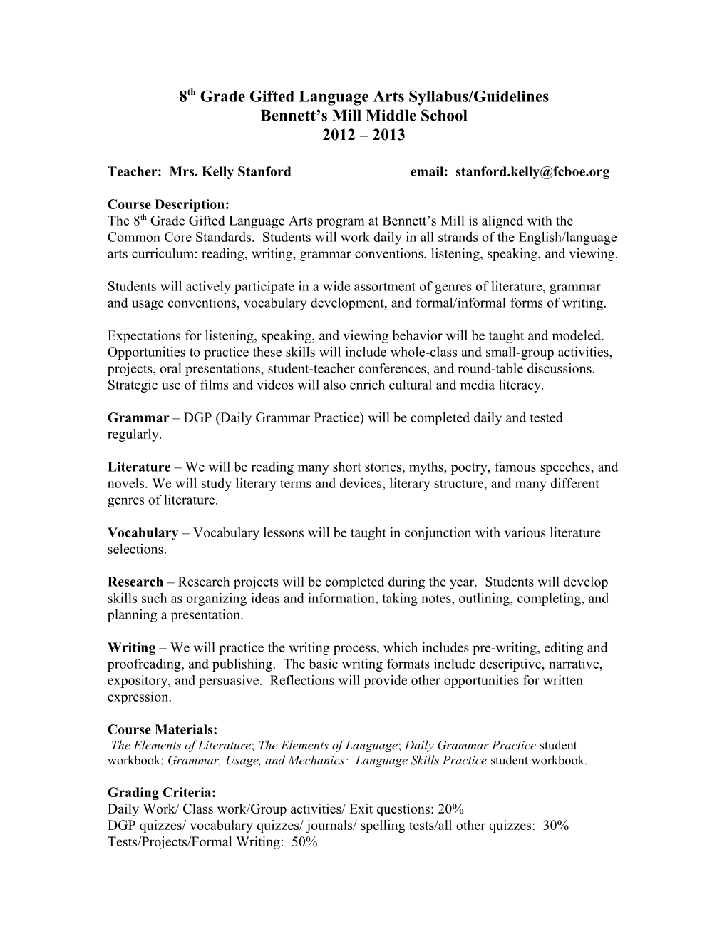 8Th Grade Gifted Language Arts Syllabus/Guidelines