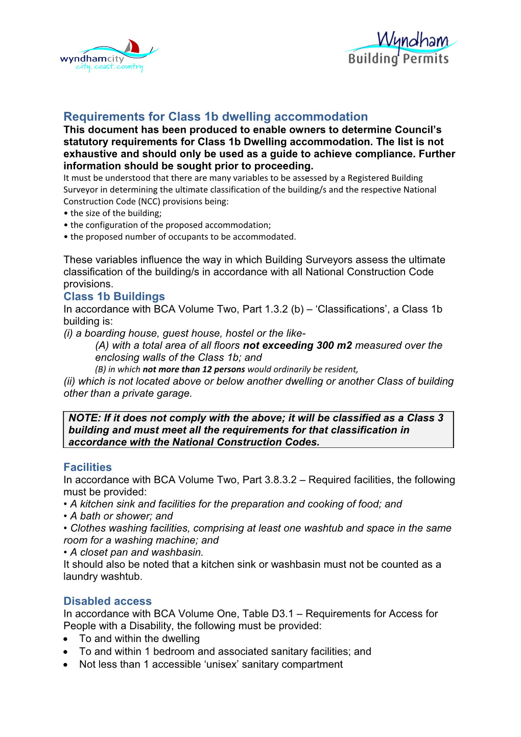 Requirements for Class 1B Dwelling Accommodation