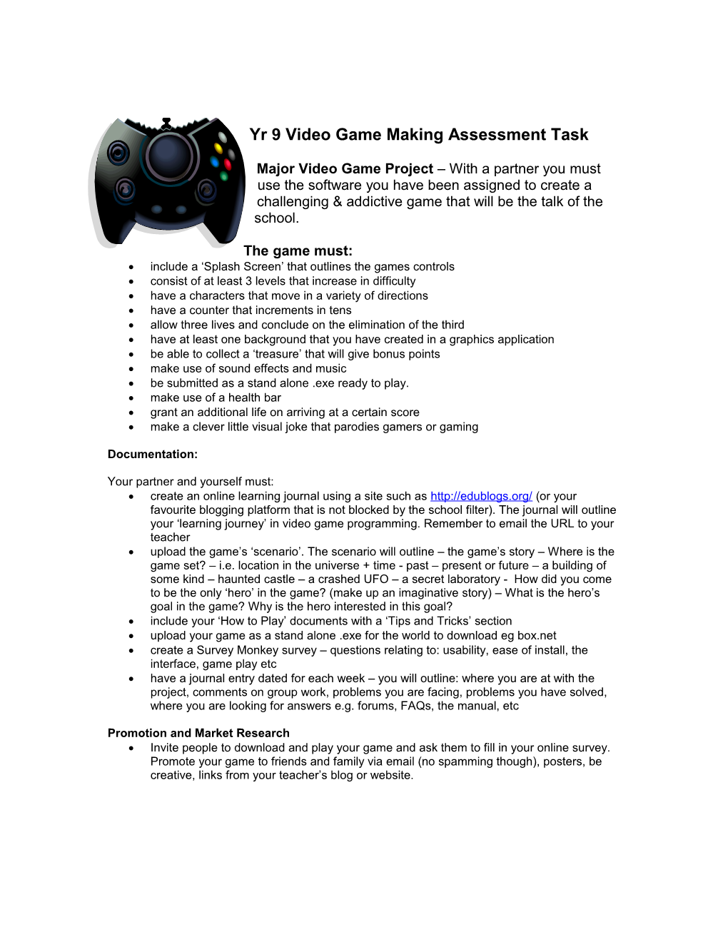 Gamemaking Assessment Task