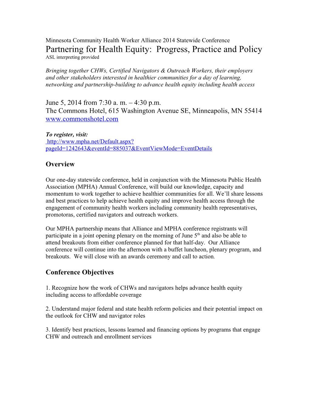 Minnesota Community Health Worker Alliance 2014 Statewide Conference