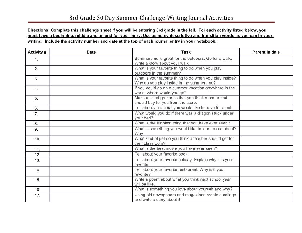 3Rd Grade 30 Day Summer Challenge-Writing Journal Activities