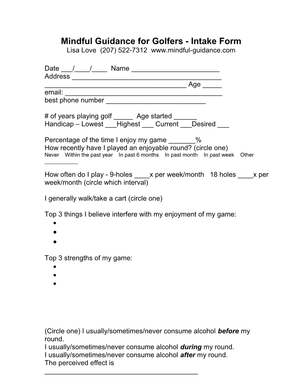 Mindful Guidance for Golfers - Intake Form