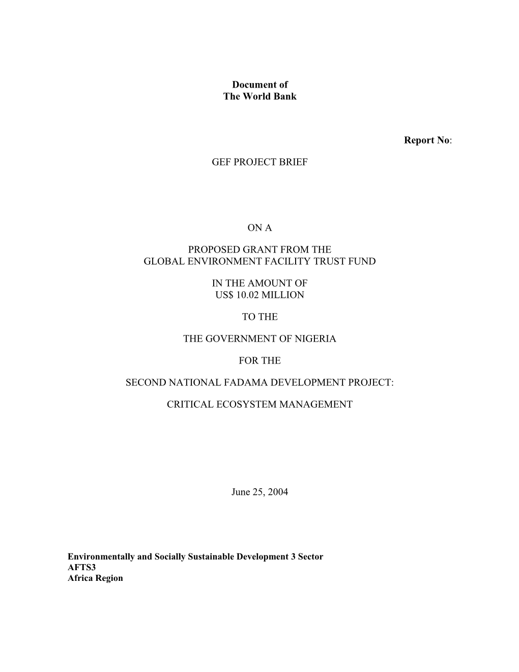 Table of Contents of the Project Appraisal Document (Pad)