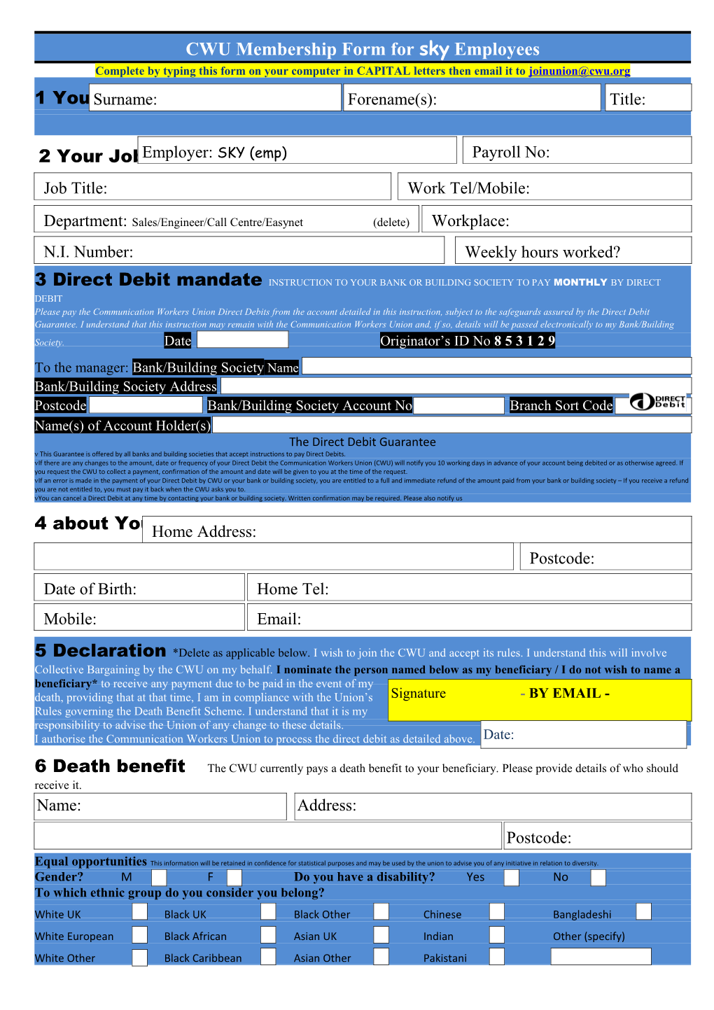 CWU Membership Form for Sky Employees