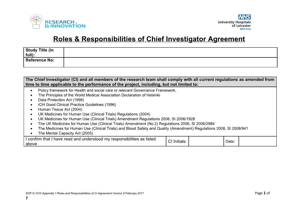 Roles & Responsibilities of Chief Investigator Agreement