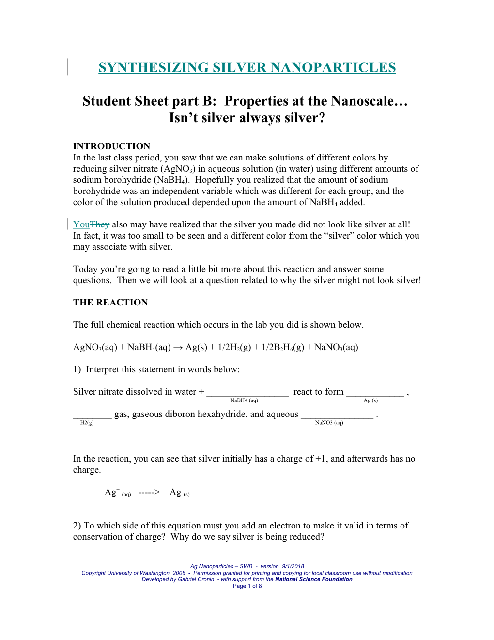 Student Sheet Part B: Properties at the Nanoscale