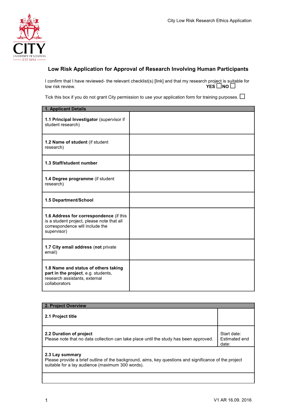 Low Risk Application for Approval of Research Involving Human Participants