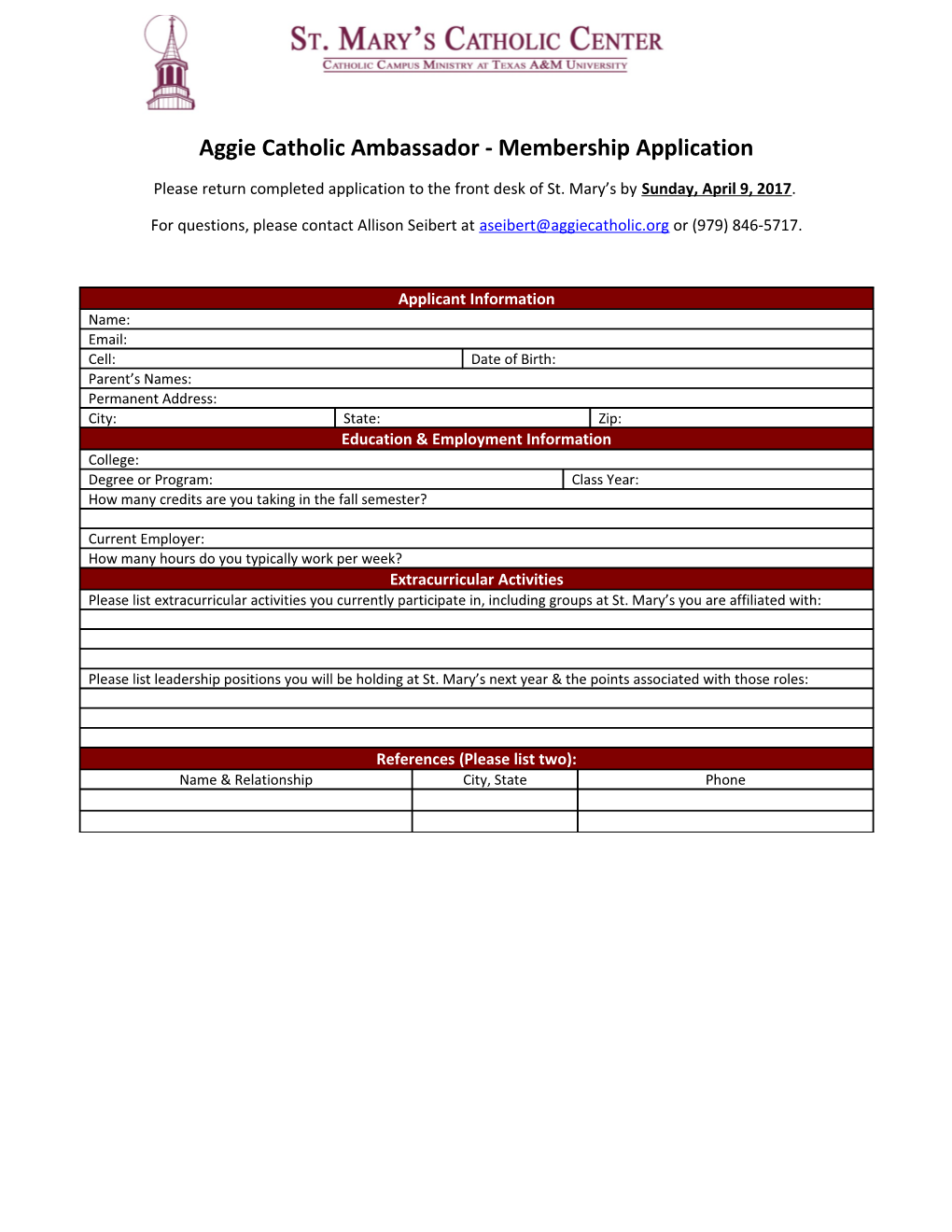 Aggie Catholic Ambassador - Membership Application