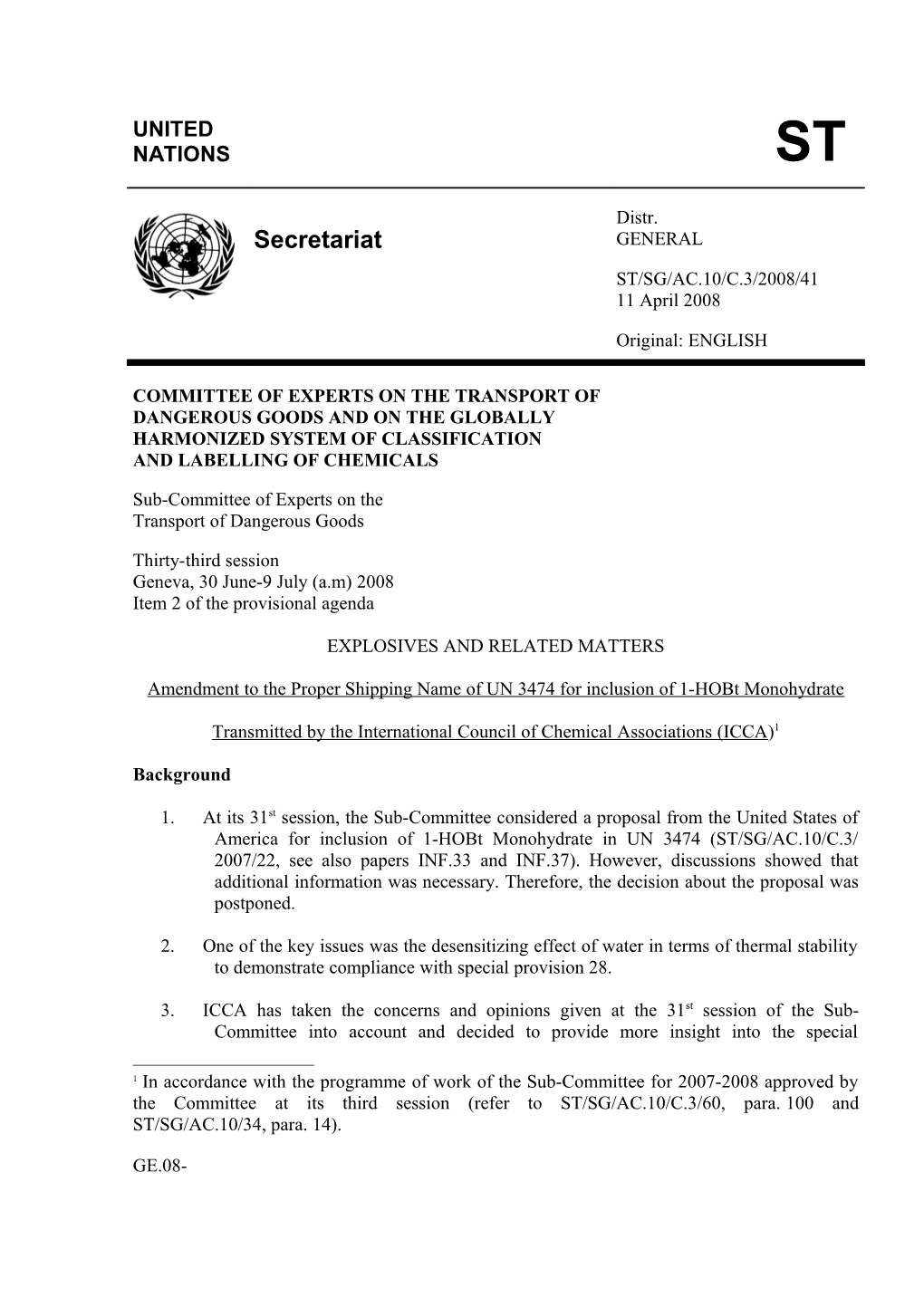 Amendment to UN 3474 for Inclusion of 1-Hobt Monohydrate