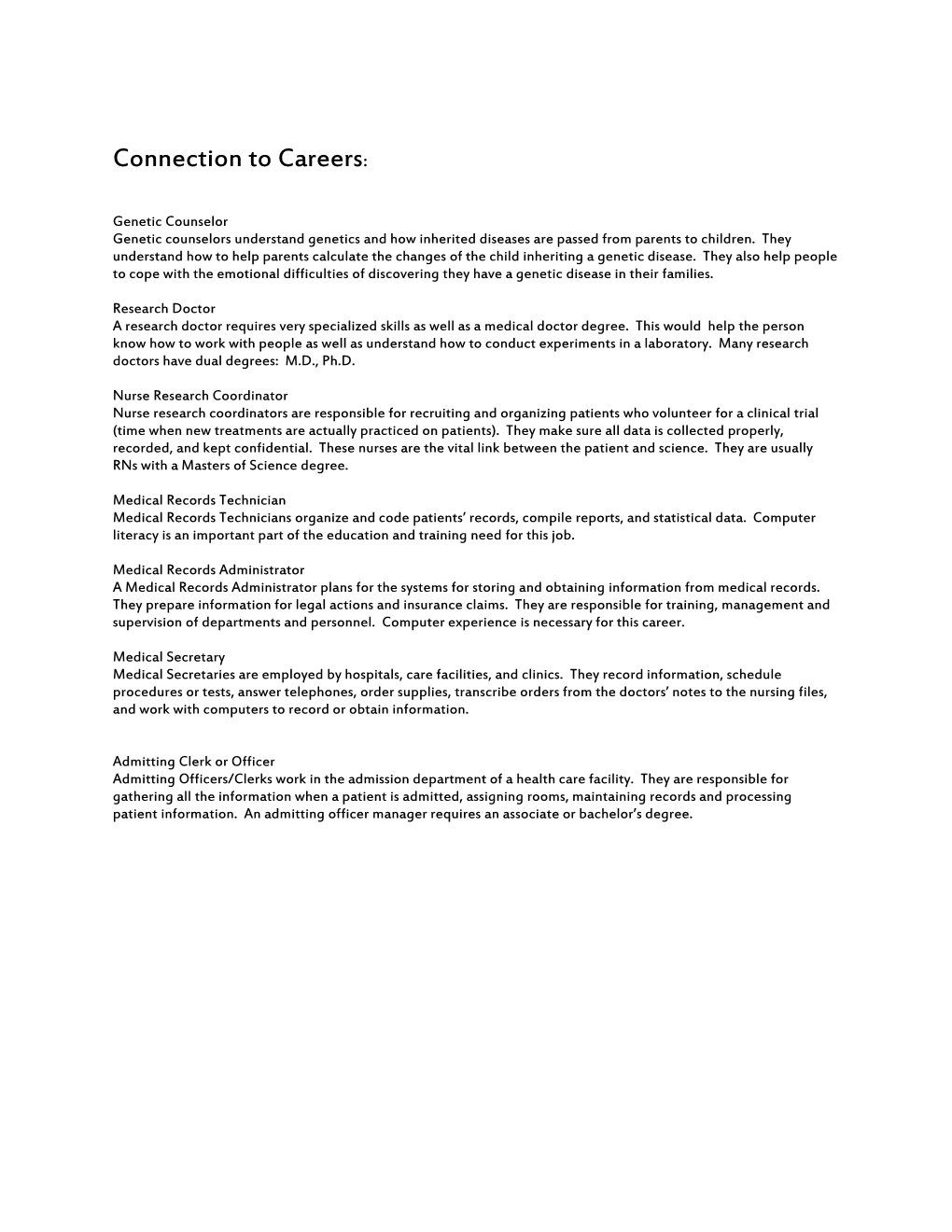 Connection to Careers s1