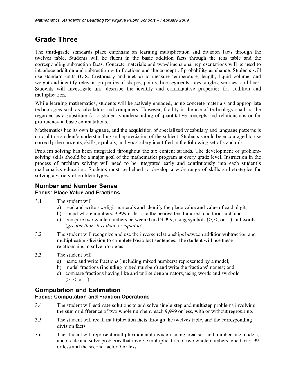 Mathematics Standards of Learning for Virginia Public Schools February 2009