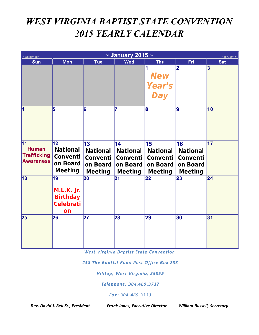 West Virginia Baptist State Convention 2015 Yearly Calendar