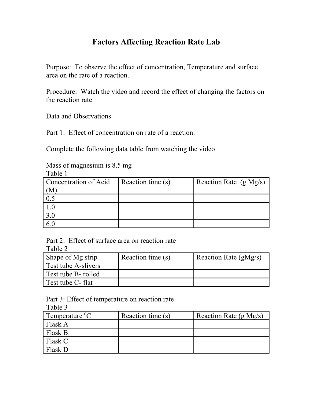 Effects of Concentration, Temperature and Surface Area on Rates of Reactions