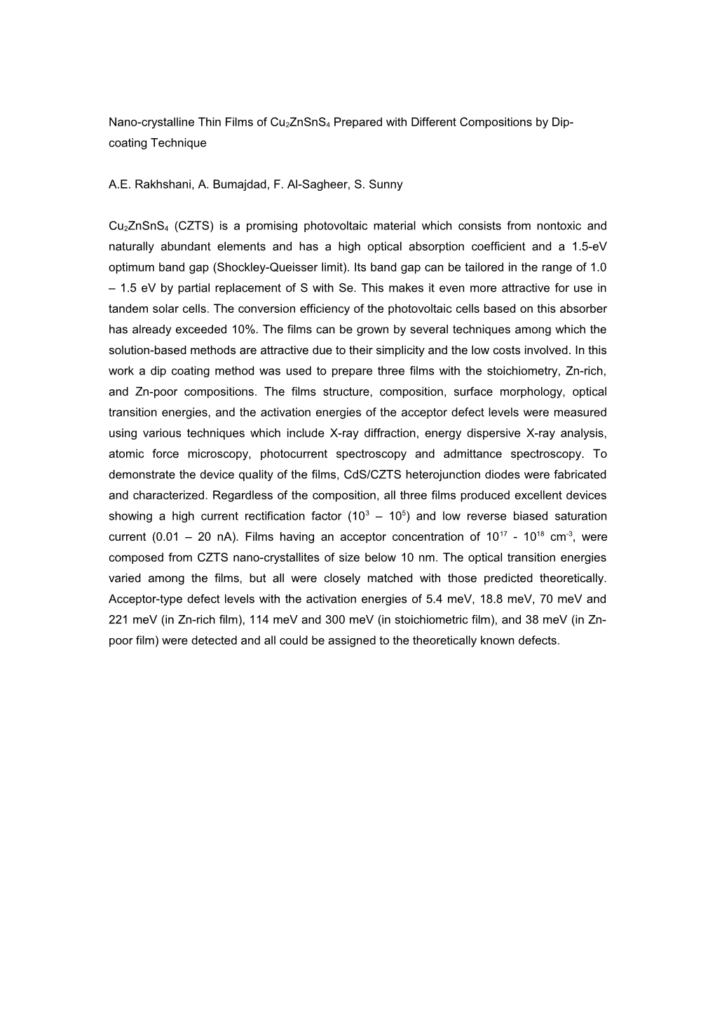 Nano-Crystalline Thin Films of Cu2znsns4 Prepared with Different Compositions by Dip-Coating