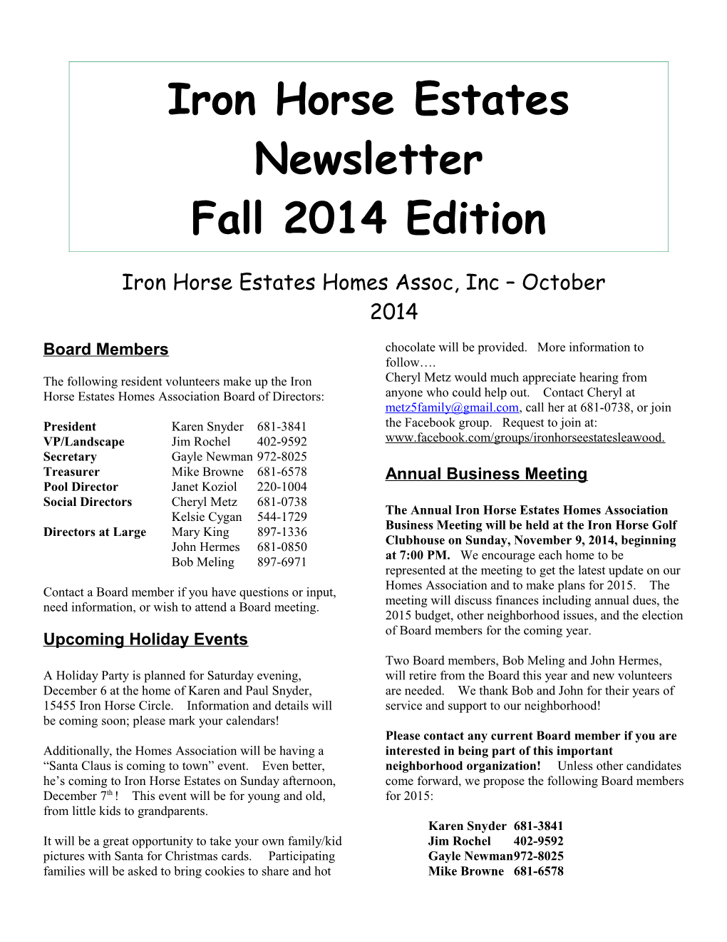 Iron Horse Estates Homes Assoc, Inc October 2014