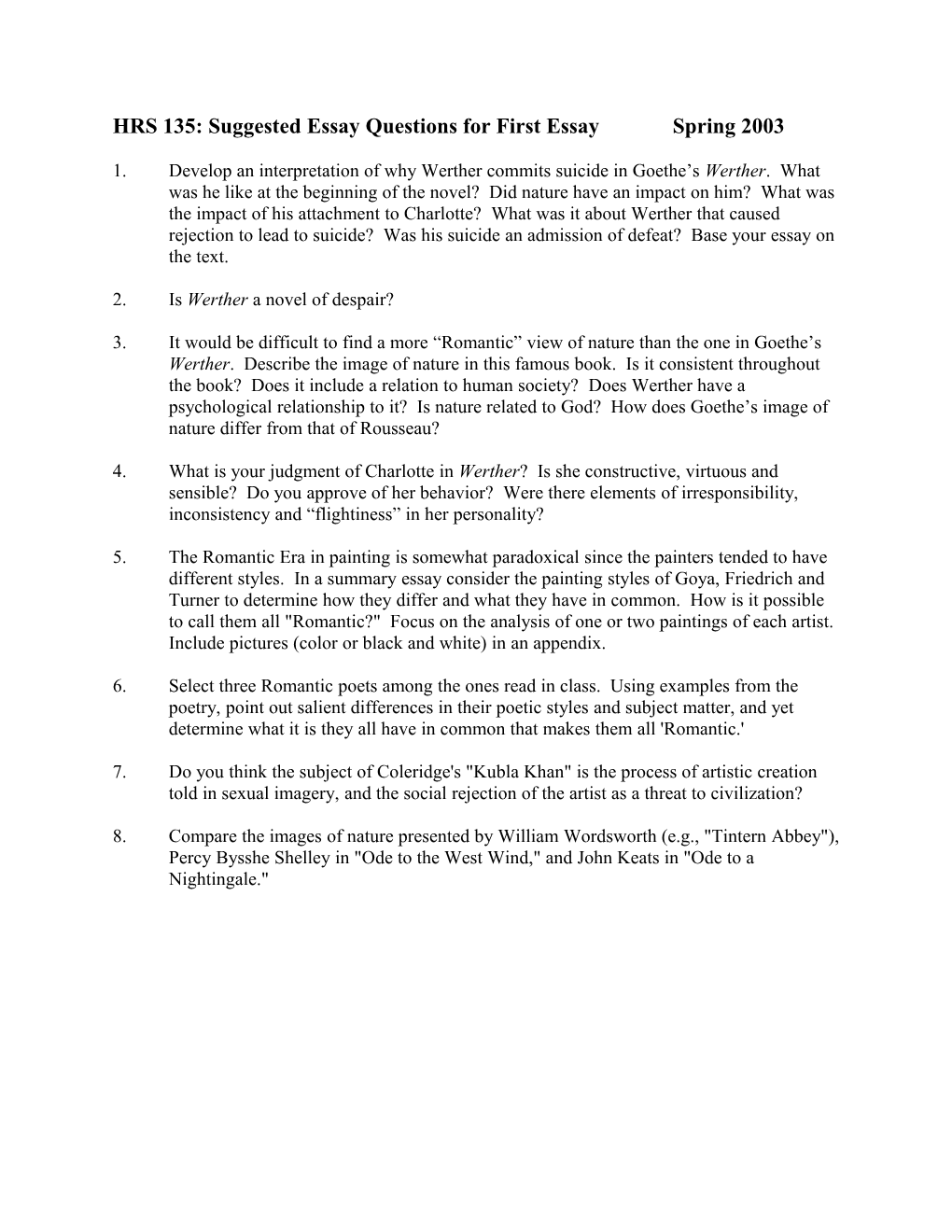 Humanities 155 Suggested Questions for Essay #1
