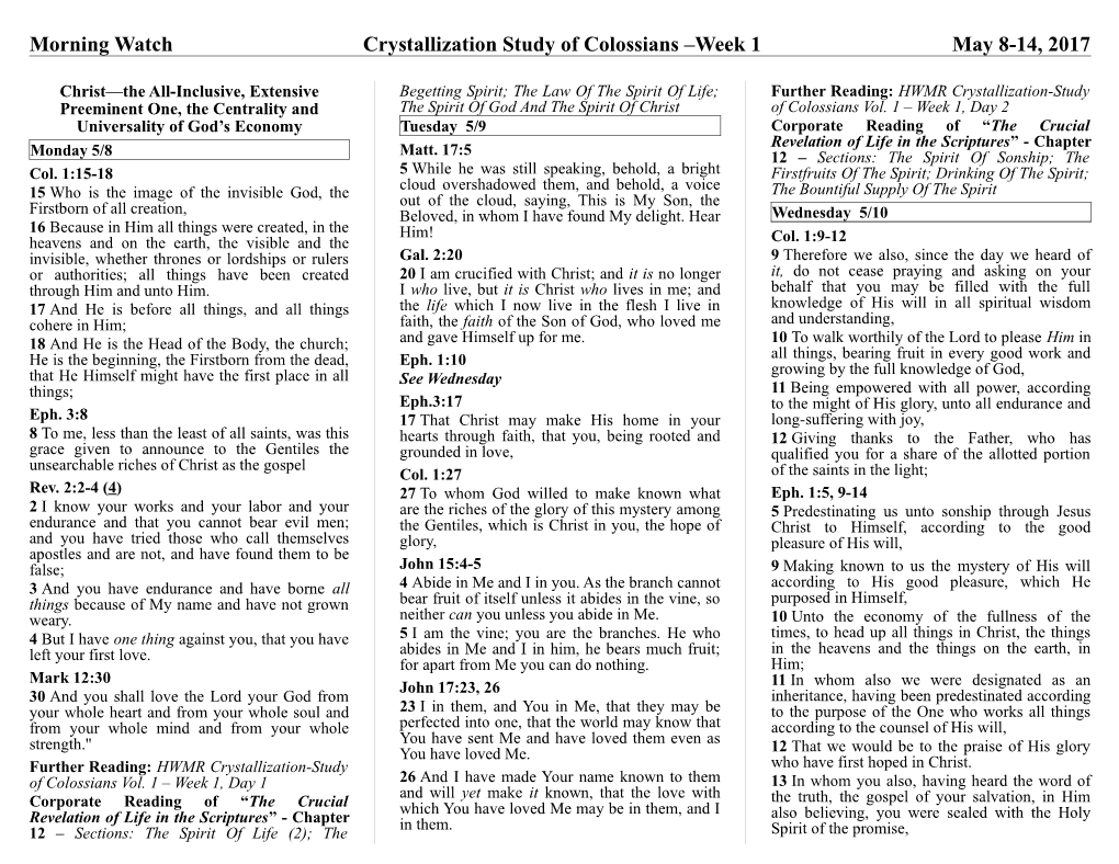 Morning Watch Crystallization Study of Colossians Week 1 May 8-14, 2017