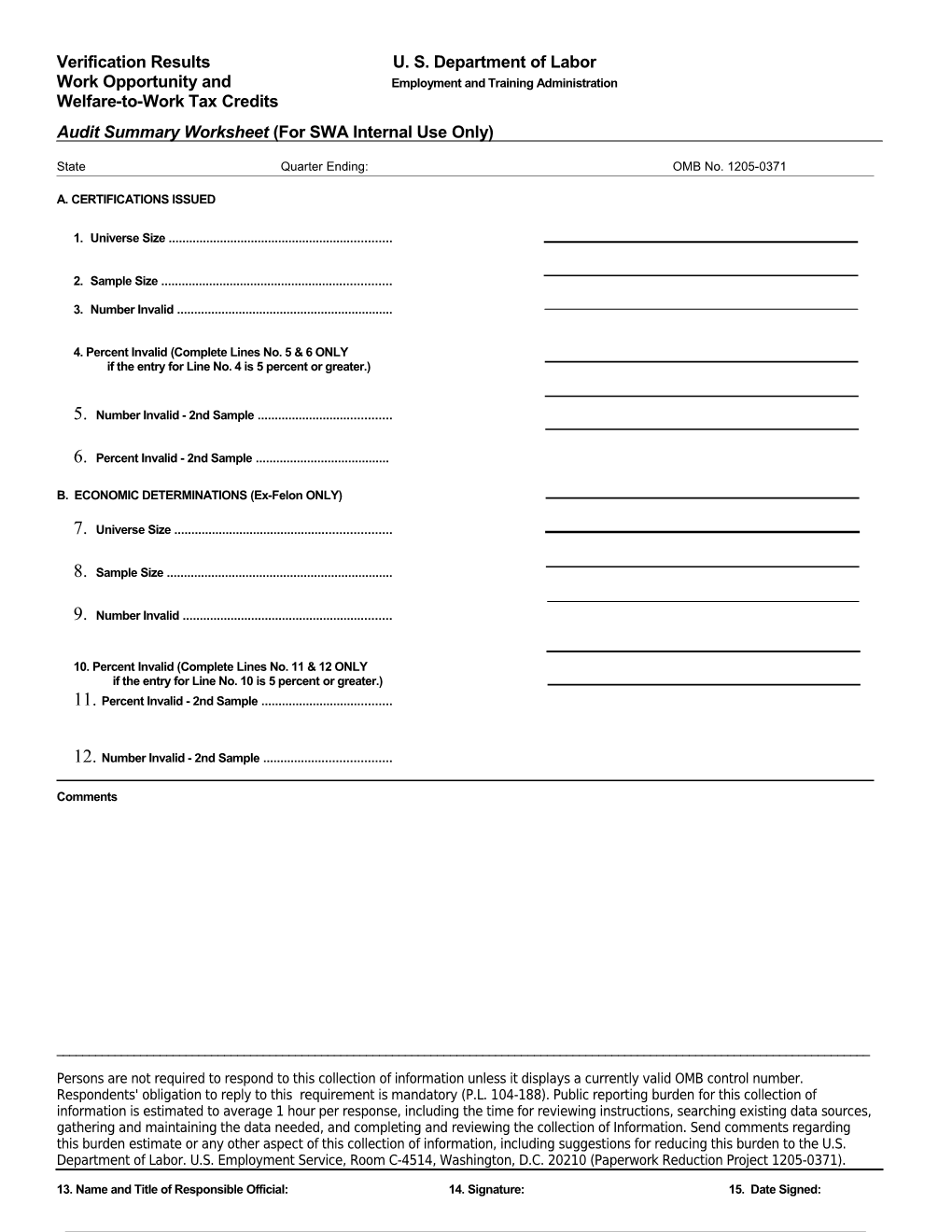 Audit Summary Worksheet (For SWA Internal Use Only)