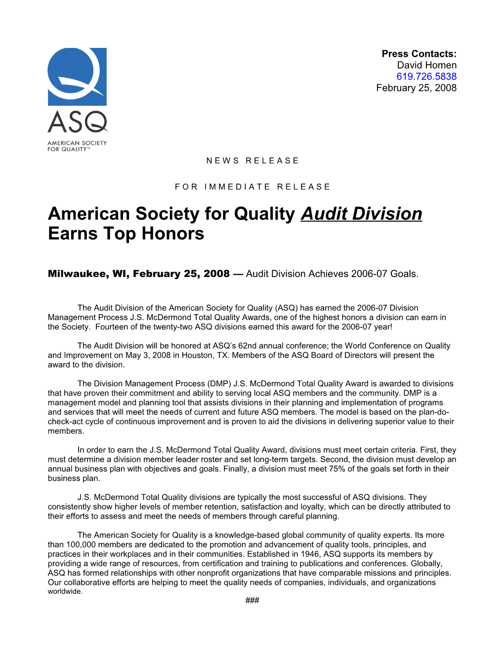 American Society for Quality Audit Division Earns Top Honors