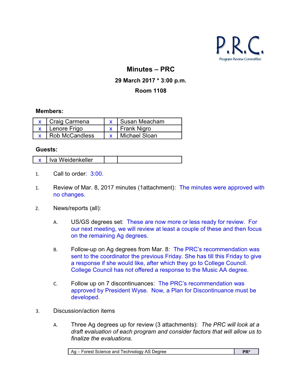 2. Review of Mar. 8, 2017 Minutes (1Attachment): the Minutes Were Approved with No Changes