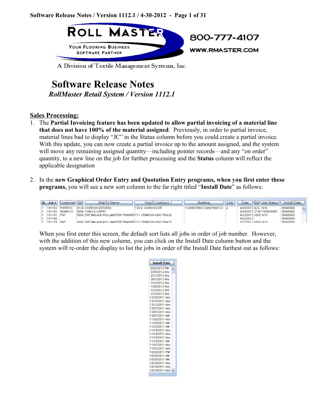 Software Release Notes / Version 1112.1 / 4-30-2012 - Page 1 of 31