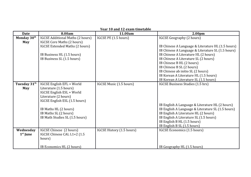 Year 10 and 12 Exam Timetable