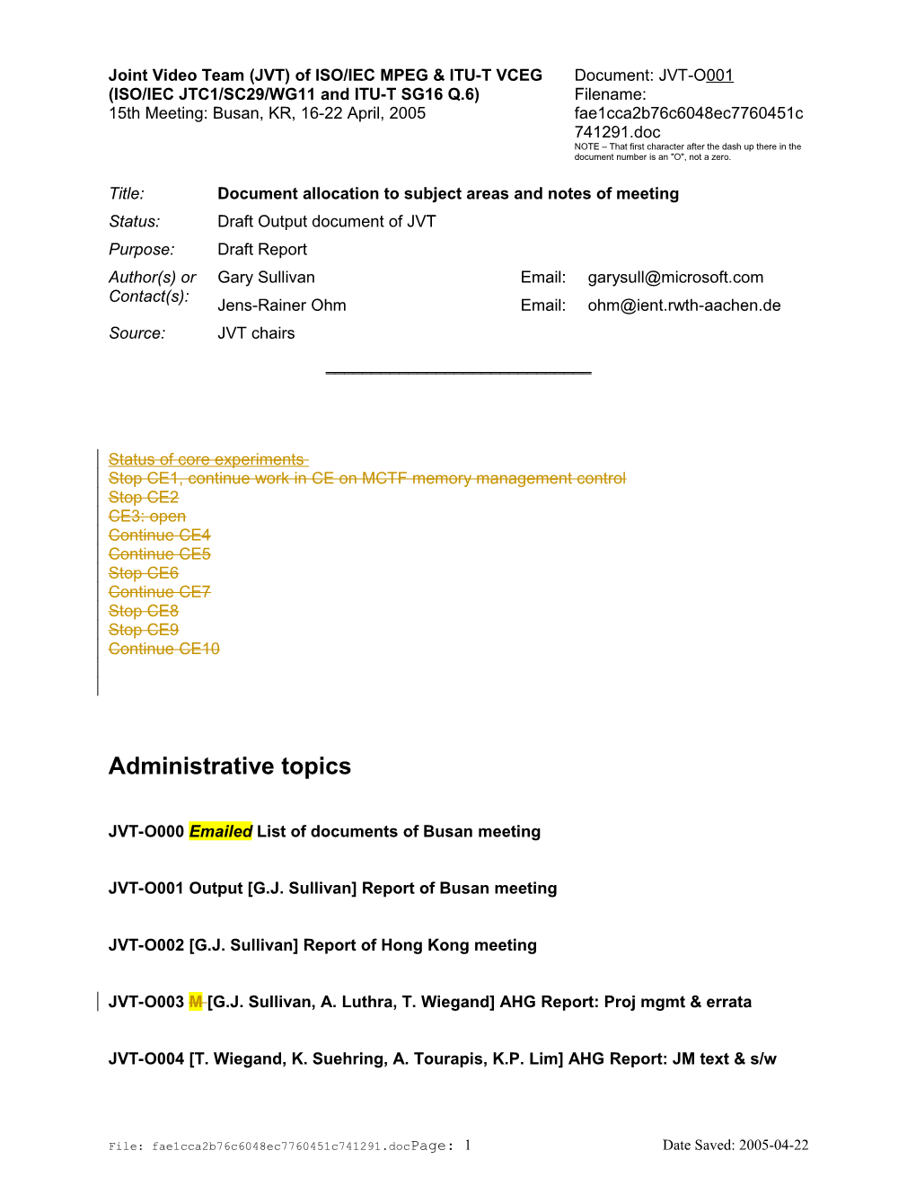 Joint Video Team (MPEG+ITU) Document
