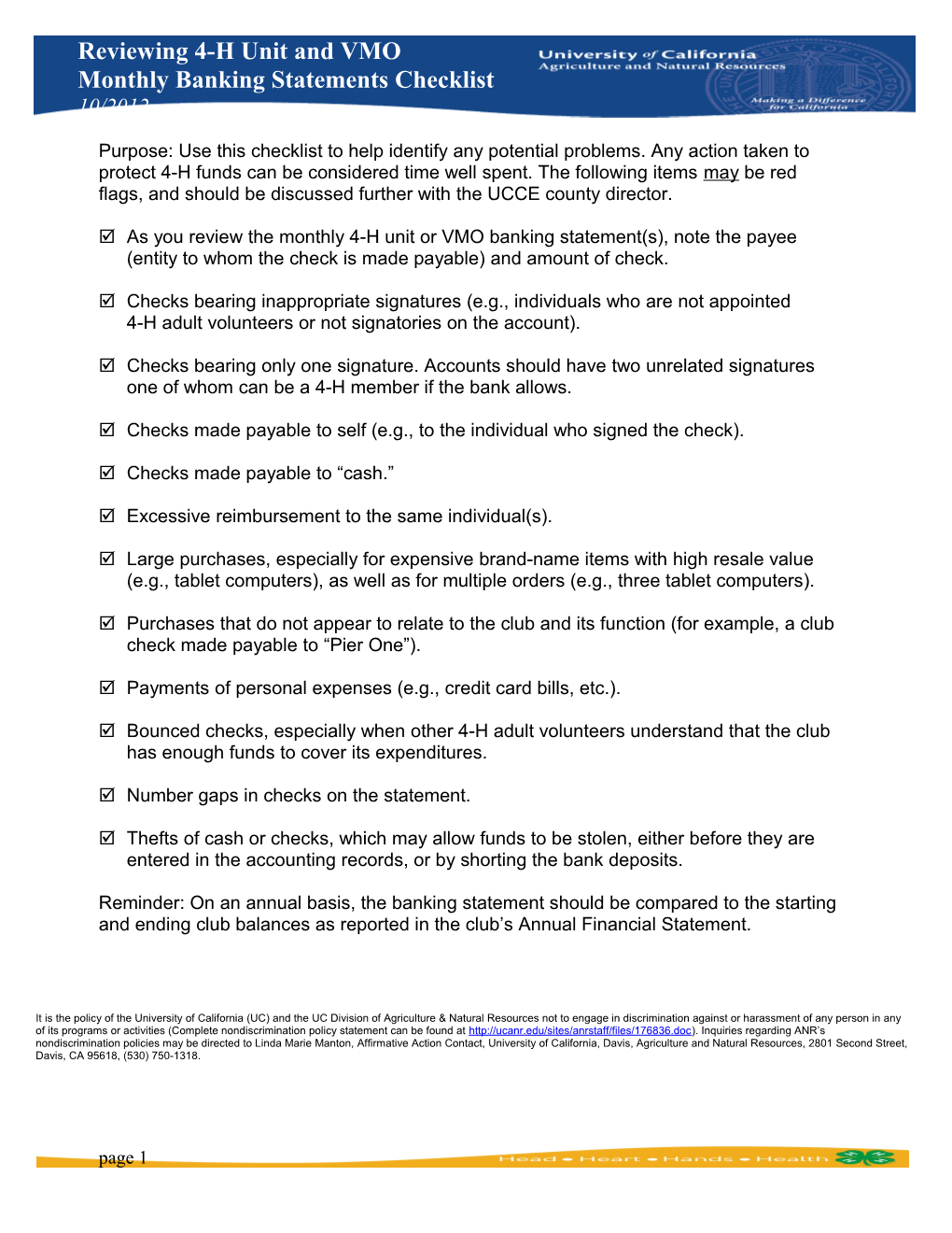 Monthly Banking Statements Checklist 10/2012