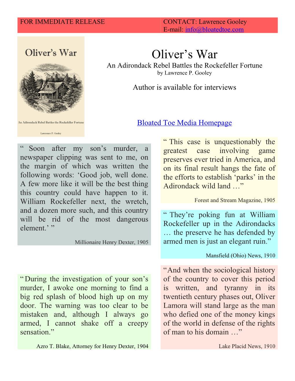 Press Release: Oliver's War