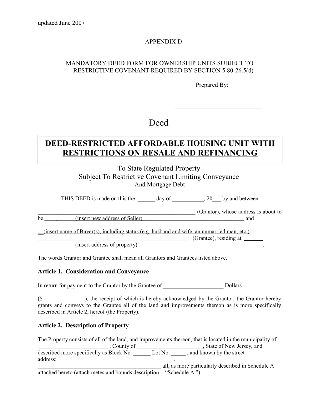 Mandatory Deed Form for Ownership Units Subject To